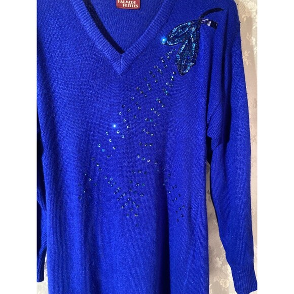 Vintage 80s Sequin Sweater Dress 1980s Royal Blue New Wave Retro Size XL - Picture 3 of 7